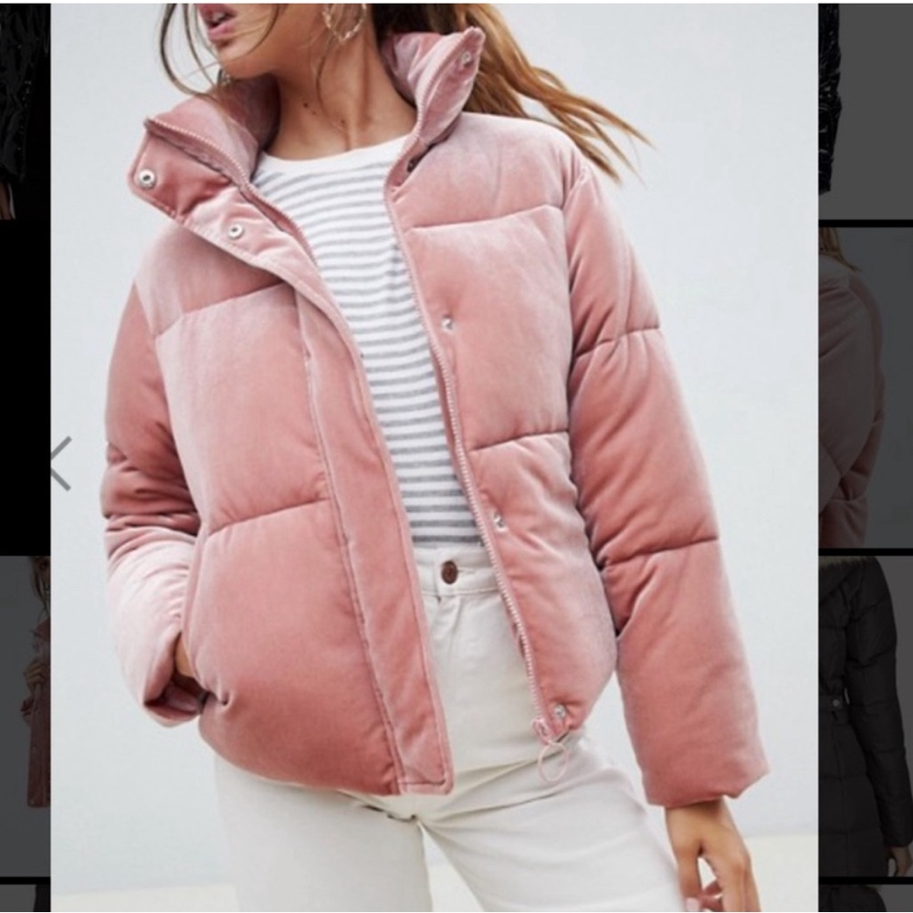 ASOS pink velvet puffer jacket
